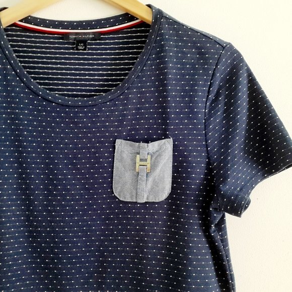 Tommy Hilfiger Contrast Denim Pocket Metal H Logo Scoop Neck Tiny Dots Top L - Picture 4 of 6